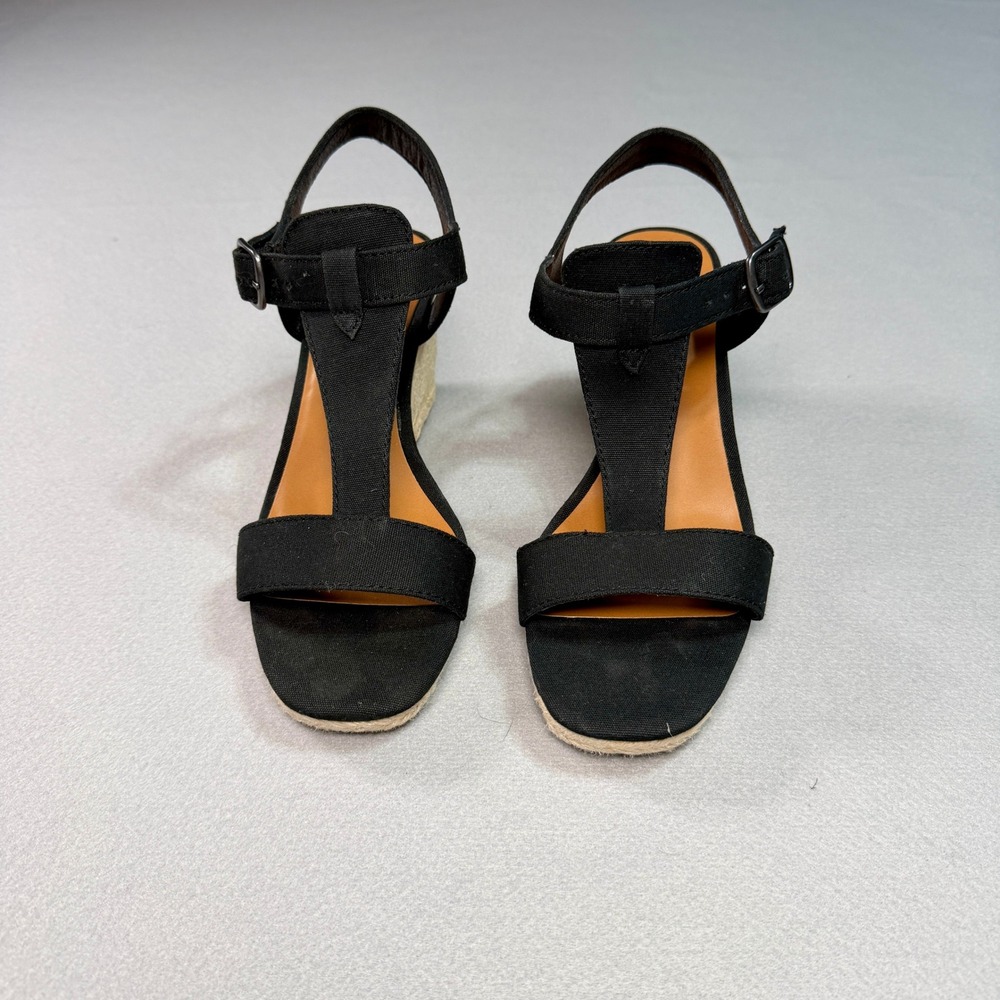 Lucky Brand Millinda‎ T-Strap Espadrille Wedge Sandals Womens Black 7.5 Boho - Picture 2 of 7